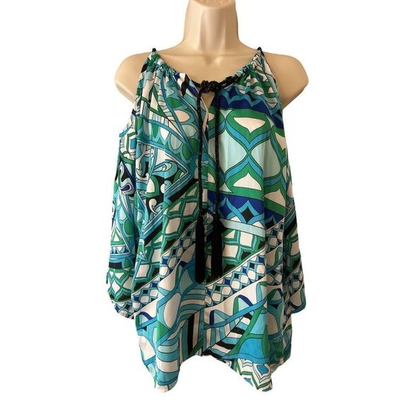 Chicos Size 1 Multicolored V Neck Drawcord Kimono Cold Shoulder Blouse - Picture 1 of 10